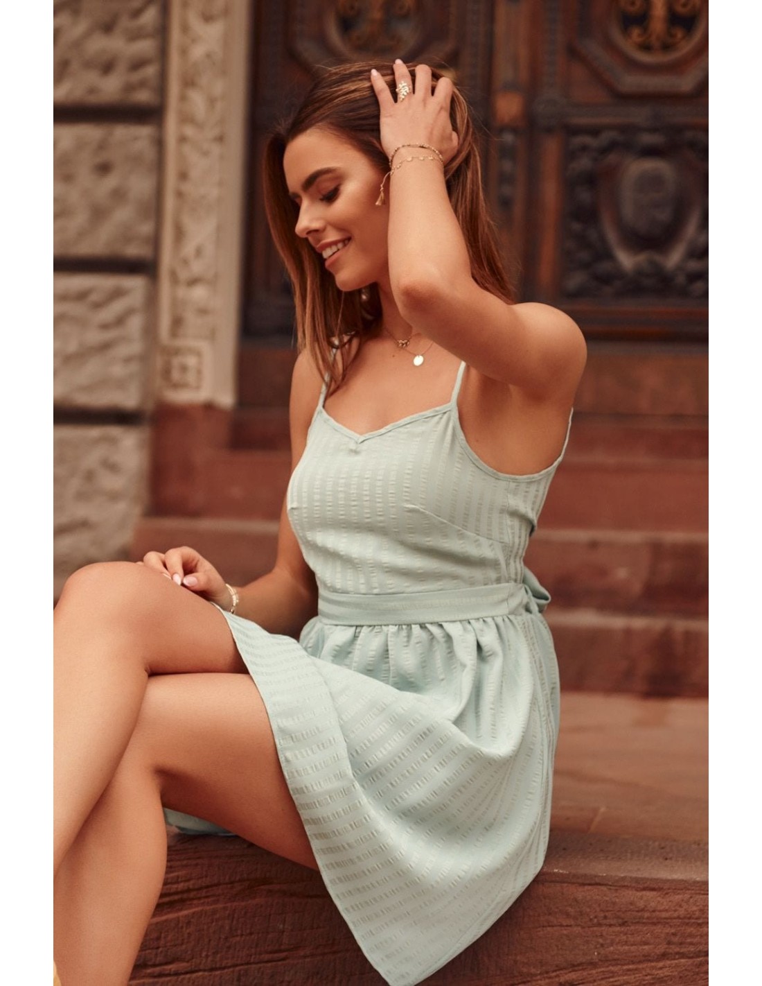 Striped dress tied at the back, mint PR3202 - Online store - Boutique